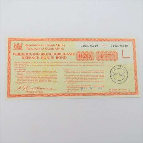 South Africa Bonus Bond 1980 Twenty Rand