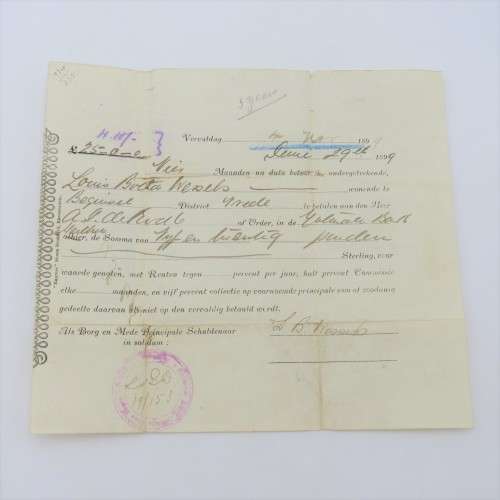 Boer War period promissory note for 25 pound - Owed by Louis Botha Wessels
