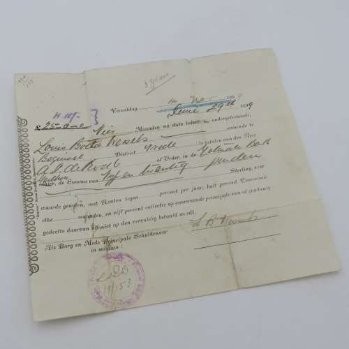 Boer War period promissory note for 25 pound - Owed by Louis Botha Wessels