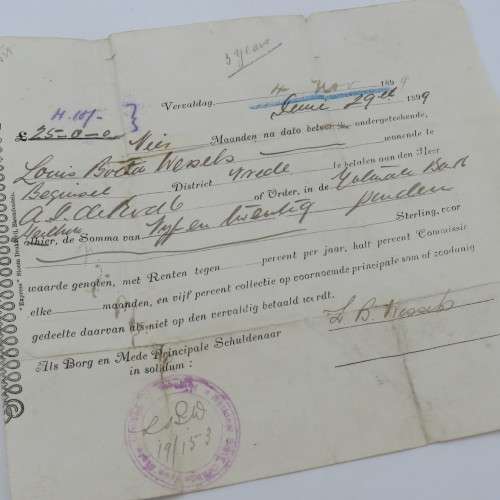 Boer War period promissory note for 25 pound - Owed by Louis Botha Wessels