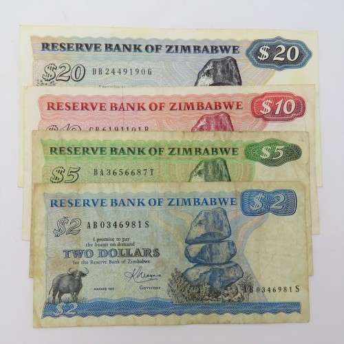Set of Zimbabwe banknotes $2, $5, $10 and $20 - All used