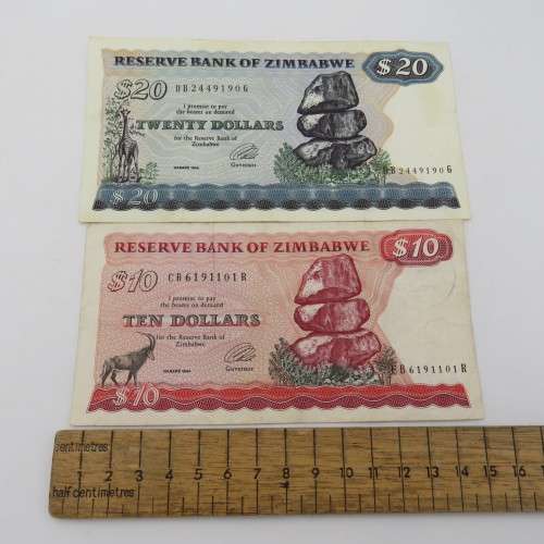 Set of Zimbabwe banknotes $2, $5, $10 and $20 - All used
