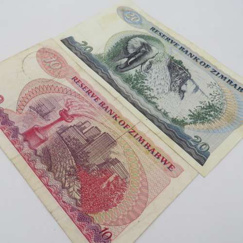 Set of Zimbabwe banknotes $2, $5, $10 and $20 - All used