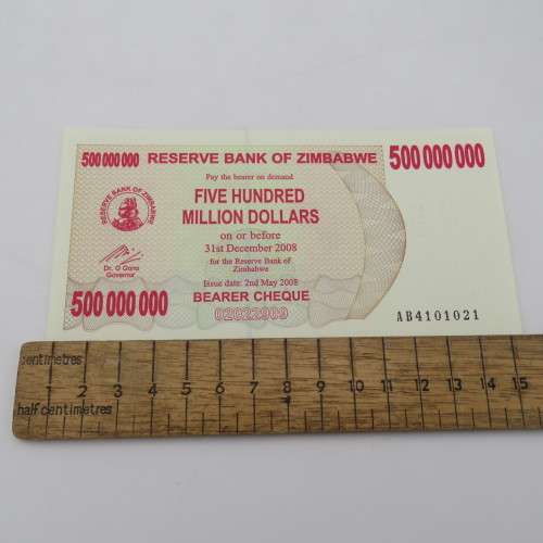 Banknotes Zimbabwe $500 000 000 bearer cheque 2 May 2008 lot of 3 - AA, AB, AC series
