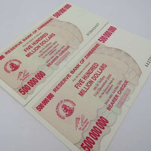 Banknotes Zimbabwe $500 000 000 bearer cheque 2 May 2008 lot of 3 - AA, AB, AC series