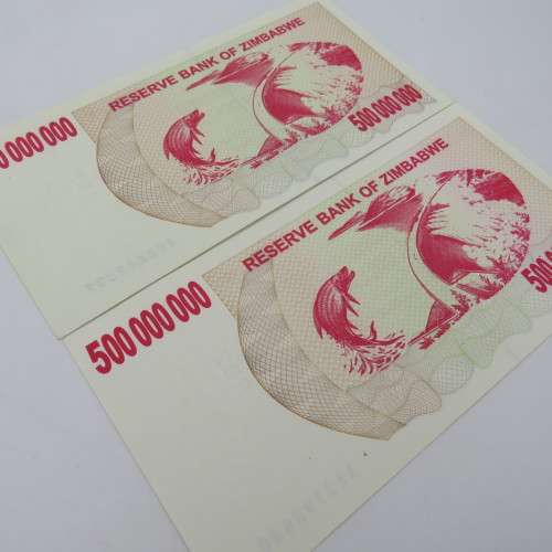 Banknotes Zimbabwe $500 000 000 bearer cheque 2 May 2008 lot of 3 - AA, AB, AC series