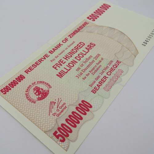 Banknotes Zimbabwe $500 000 000 bearer cheque 2 May 2008 lot of 3 - AA, AB, AC series