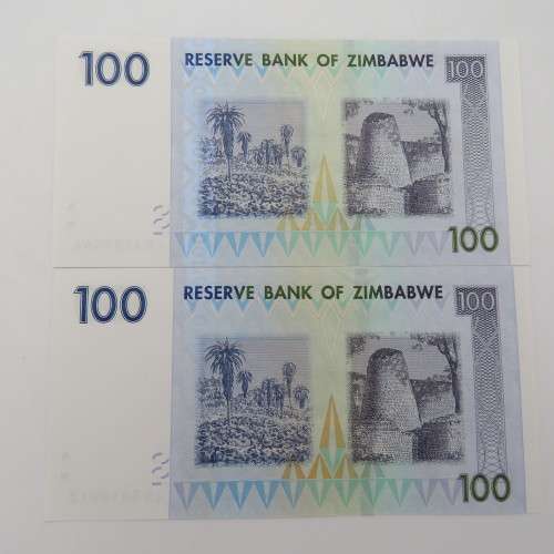 Zimbabwe one hundred dollars Harare 2007 - 2 Uncirculated notes AA and AB series - ZW 104