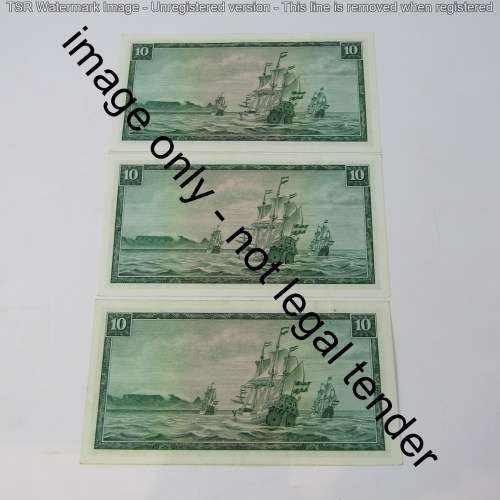 South Africa TW de Jongh 3rd issue R10 banknotes - Lot of 9 notes with consecutive numbers 1975