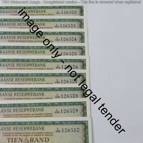 South Africa TW de Jongh 3rd issue R10 banknotes - Lot of 9 notes with consecutive numbers 1975