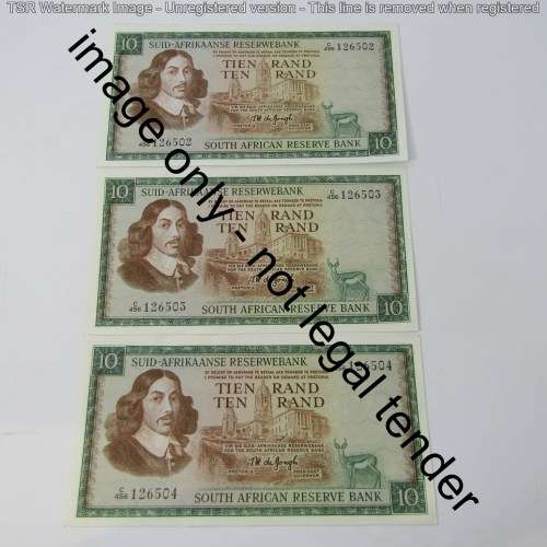 South Africa TW de Jongh 3rd issue R10 banknotes - Lot of 9 notes with consecutive numbers 1975