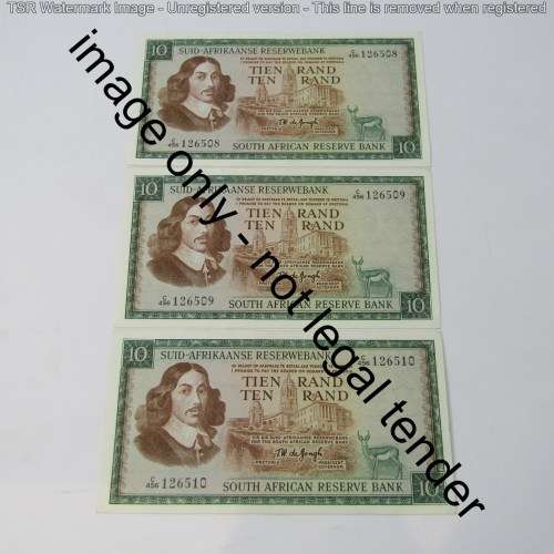 South Africa TW de Jongh 3rd issue R10 banknotes - Lot of 9 notes with consecutive numbers 1975