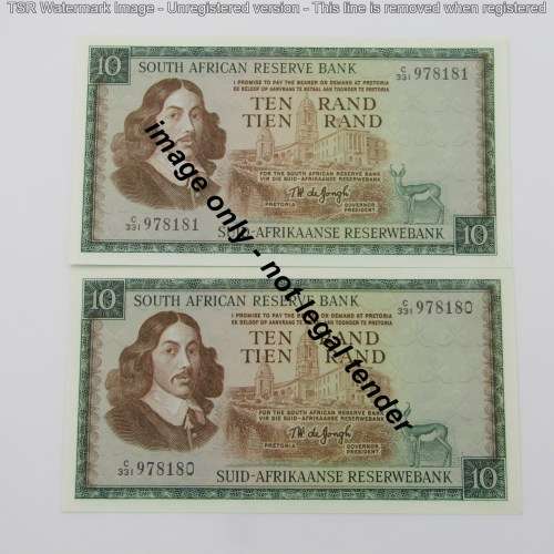 Pair of TW de Jongh 3rd issue R10 notes - consecutive - UNC C331 #978180-978181
