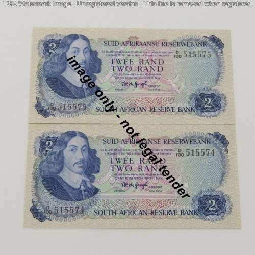 Pair of TW de Jongh 2nd issue R2 notes - consecutive - UNC D100 #515574-515575