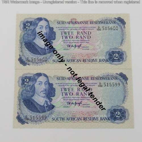 Pair of TW de Jongh 2nd issue R2 notes - consecutive - UNC D100 #515599-515600