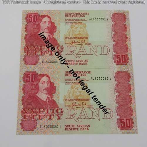 Pair of Gerhard de Kock R50 notes - 3rd issue - consecutive - UNC - AL8030080-AL8030081