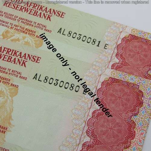 Pair of Gerhard de Kock R50 notes - 3rd issue - consecutive - UNC - AL8030080-AL8030081