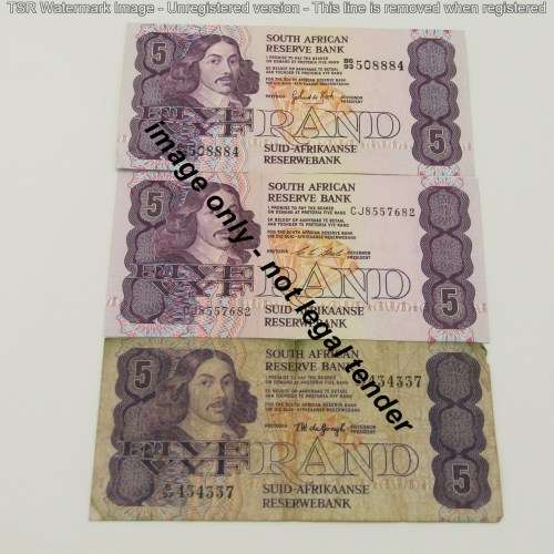 Lot of 3 South Africa R5 notes, De Jongh, De Kock and Stals