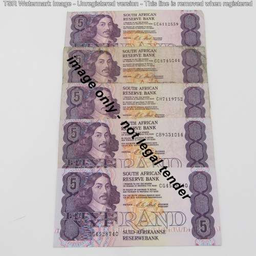 Lot of 5 old CL Stals R5 bank notes - most well used
