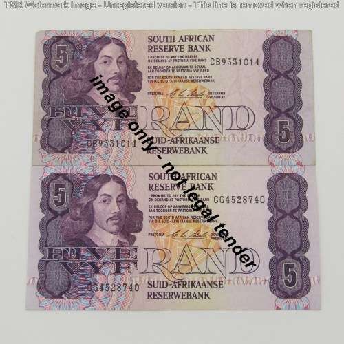 Lot of 5 old CL Stals R5 bank notes - most well used