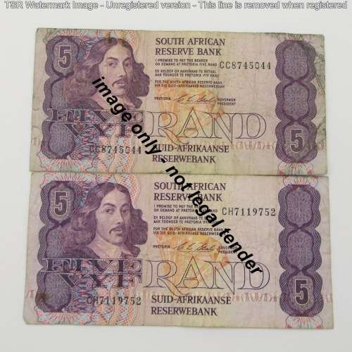 Lot of 5 old CL Stals R5 bank notes - most well used