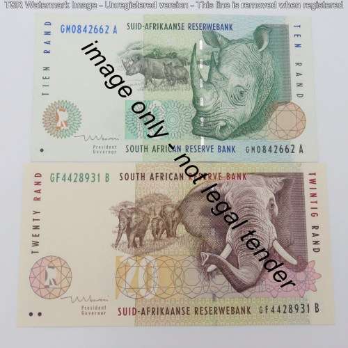 RSA Mboweni 1st issue R10 and R20 banknote - UNC but slightly impaired