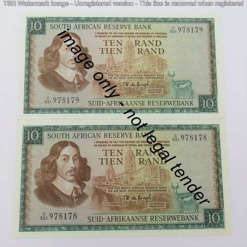 Pair of TW de Jongh 3rd issue R10 notes - Consecutive - UNC - C331 # 978178 - 978179