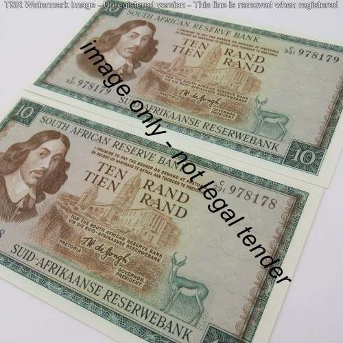 Pair of TW de Jongh 3rd issue R10 notes - Consecutive - UNC - C331 # 978178 - 978179