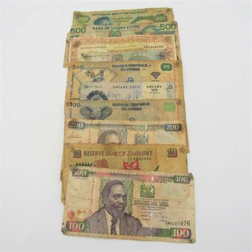 Lot of 10 well used world bank notes