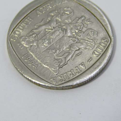 1994 South Africa R5 error coin struck on top of Inauguration R5