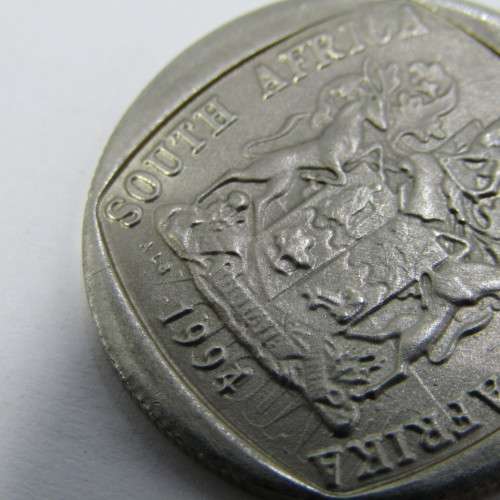 1994 South Africa R5 error coin struck on top of Inauguration R5