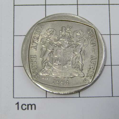 1994 South Africa R5 error coin struck on top of Inauguration R5
