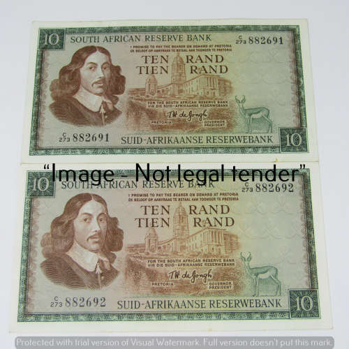 TW de Jongh 3rd Issue - Lot of 7 banknotes R10 with consecutive numbers - some spots