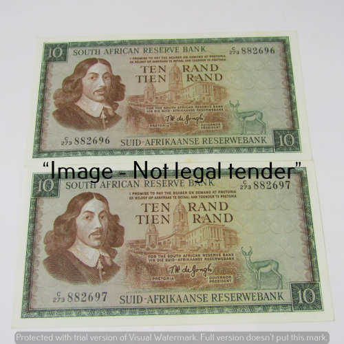 TW de Jongh 3rd Issue - Lot of 7 banknotes R10 with consecutive numbers - some spots