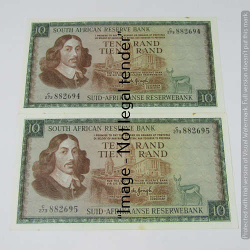 TW de Jongh 3rd Issue - Lot of 7 banknotes R10 with consecutive numbers - some spots