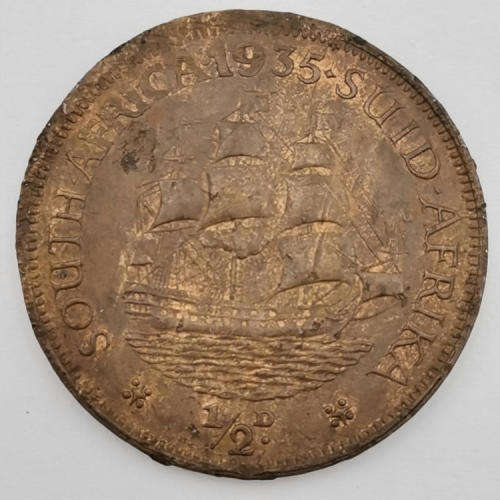 South Africa 1935 half penny XF+ with some nicks - all jewels on crown visible