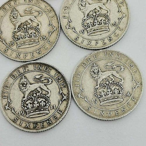 Lot of George 5 British silver sixpences - 1911,1914,1915,1916,1918 - All very fine