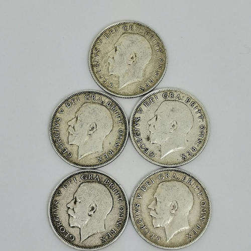 Lot of George 5 British silver sixpences - 1911,1914,1915,1916,1918 - All very fine
