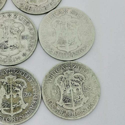 South Africa Lot of 8 George 5 Two Shilling coins - 1924,1926,1928,1929,1930,1932,1935 and 1936