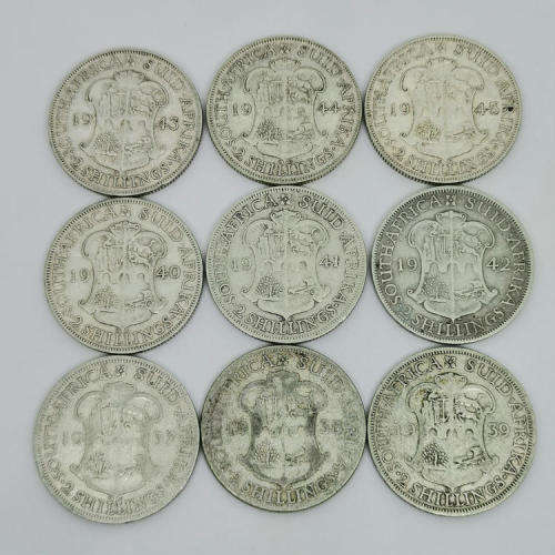 Lot of 9 South Africa 2 Shilling coins George 6 - 1937 to 1945 some VF - Excellent starter lot