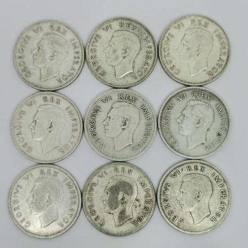 Lot of 9 South Africa 2 Shilling coins George 6 - 1937 to 1945 some VF - Excellent starter lot