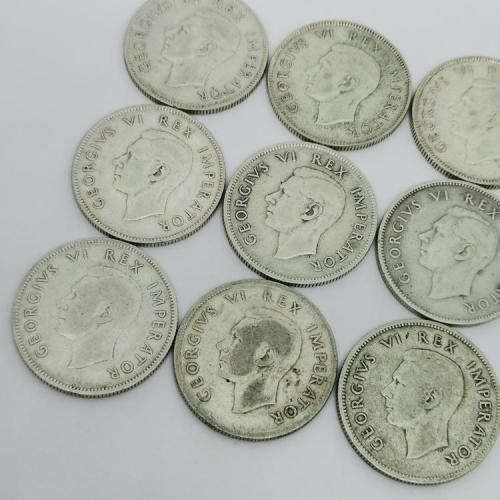 Lot of 9 South Africa 2 Shilling coins George 6 - 1937 to 1945 some VF - Excellent starter lot