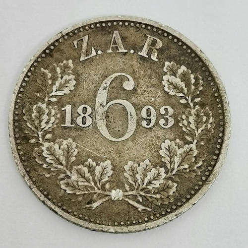 ZAR Paul Kruger 1893 sixpence VF+