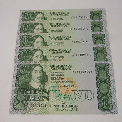 South Africa CL Stals R10 lot of 5 bank notes with consecutive numbers