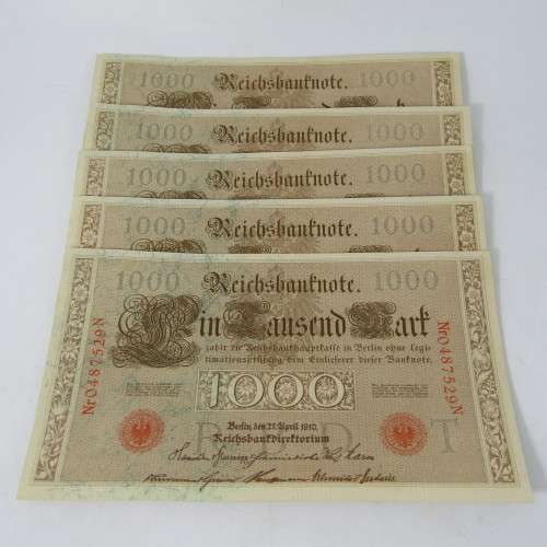 Lot of 5 German bank notes with consecutive numbers - Issued 1910 - rarely found