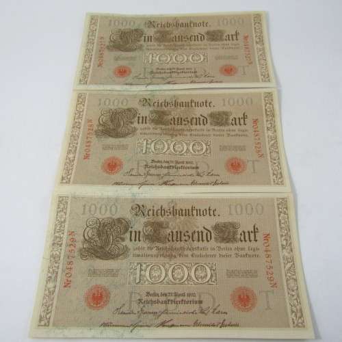 Lot of 5 German bank notes with consecutive numbers - Issued 1910 - rarely found