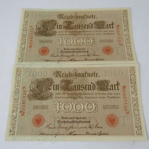 Lot of 5 German bank notes with consecutive numbers - Issued 1910 - rarely found