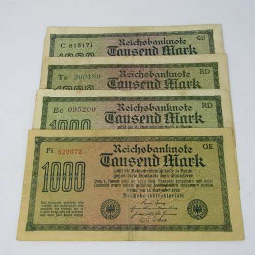 Lot of 4 different types of 1000 Mark Reichs bank notes - different colors