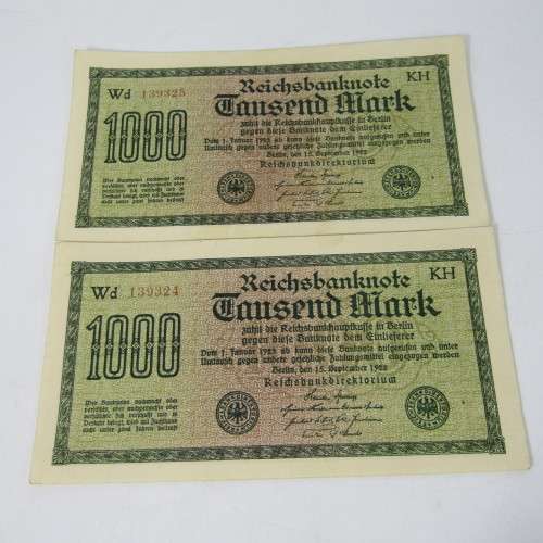 Pair of German Reich bank notes with consecutive numbers & 100 years old