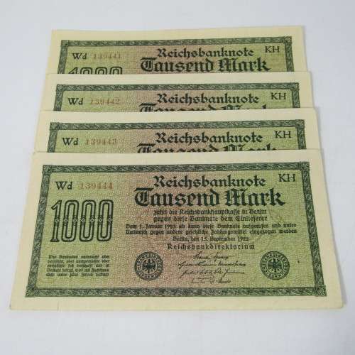 Lot of 4 German Reichs bank notes - 1000 Mark issued 1922 with consecutive numbers
